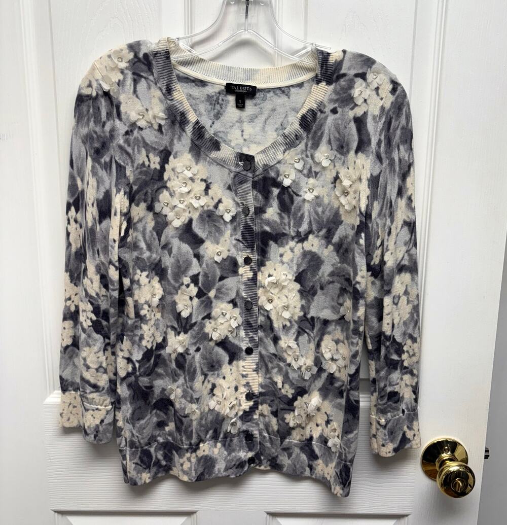 Talbots Cardigan Sweater Silk Blend Floral Size S Gray Ivory Beaded Silk Petals